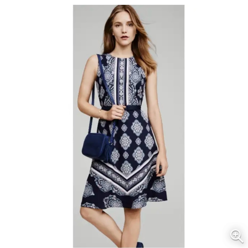 Ann Taylor Blue White Damask Paisley Print A Line Knee Length Dress
